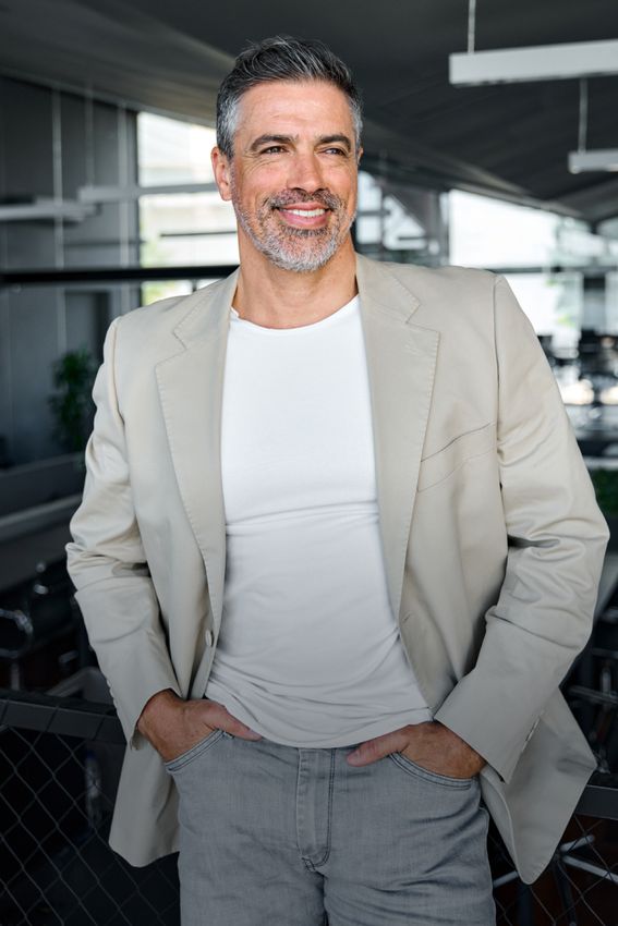 New York City Penile Lengthening model in beige sport coat