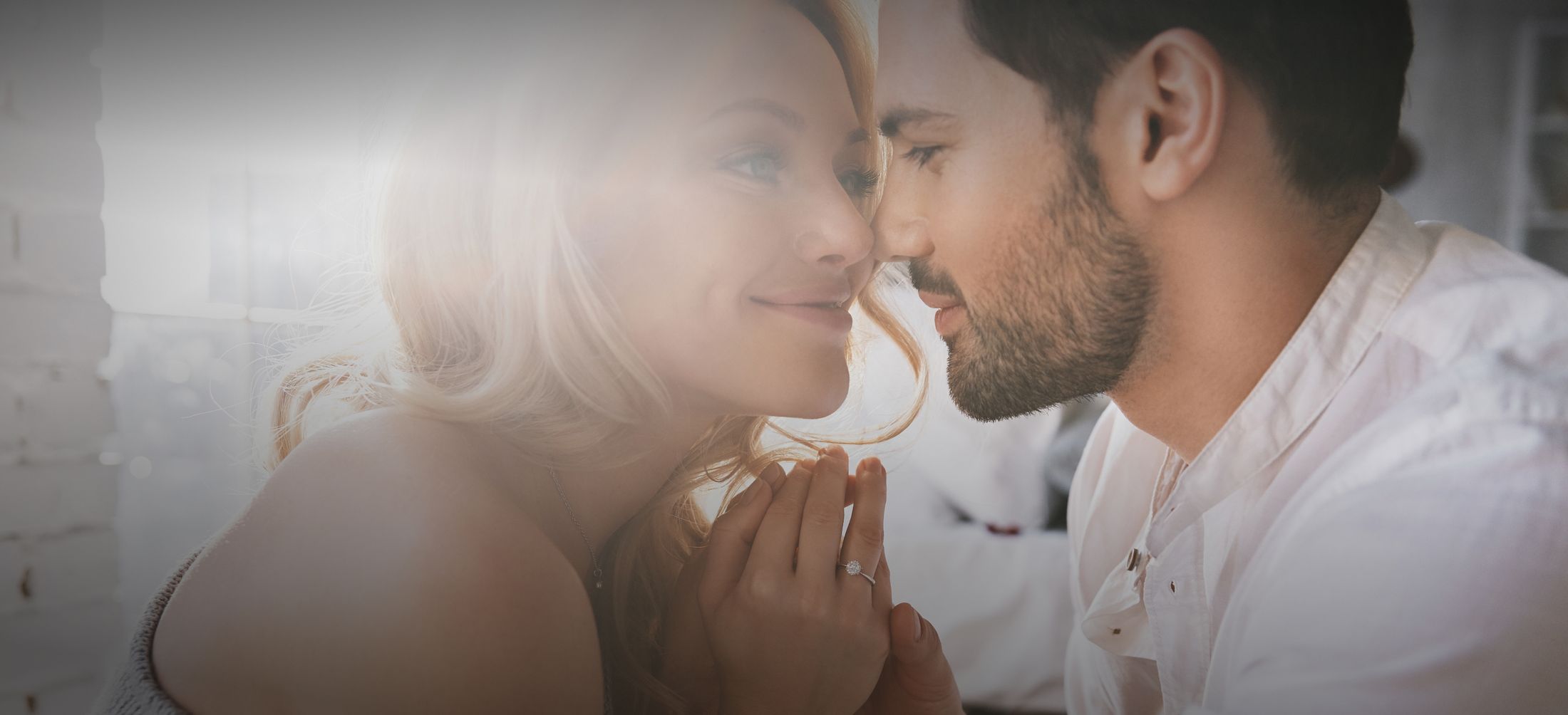 New York City male enhancement model and woman gaze at each other