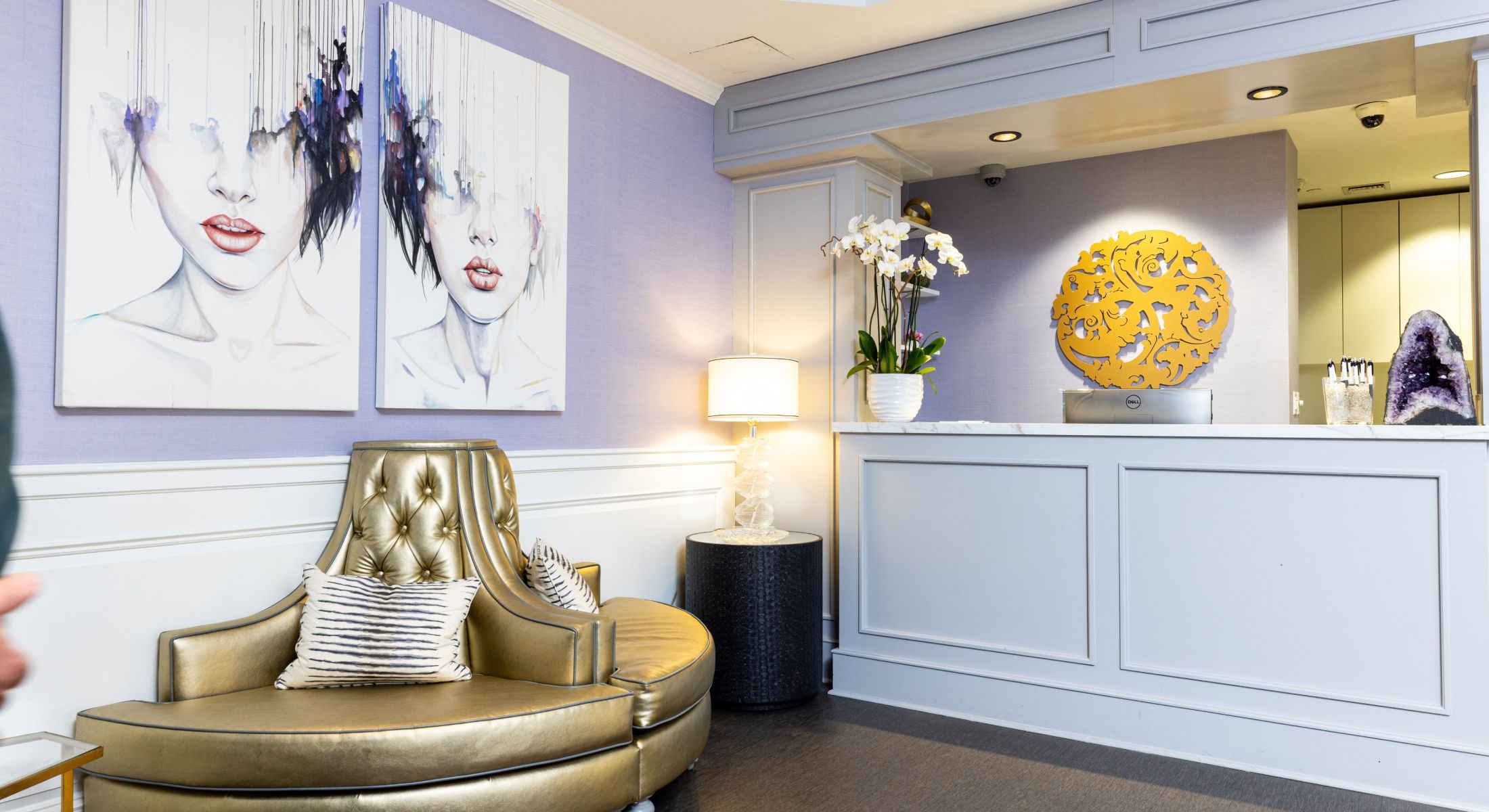 Elegant reception area with art and decor.